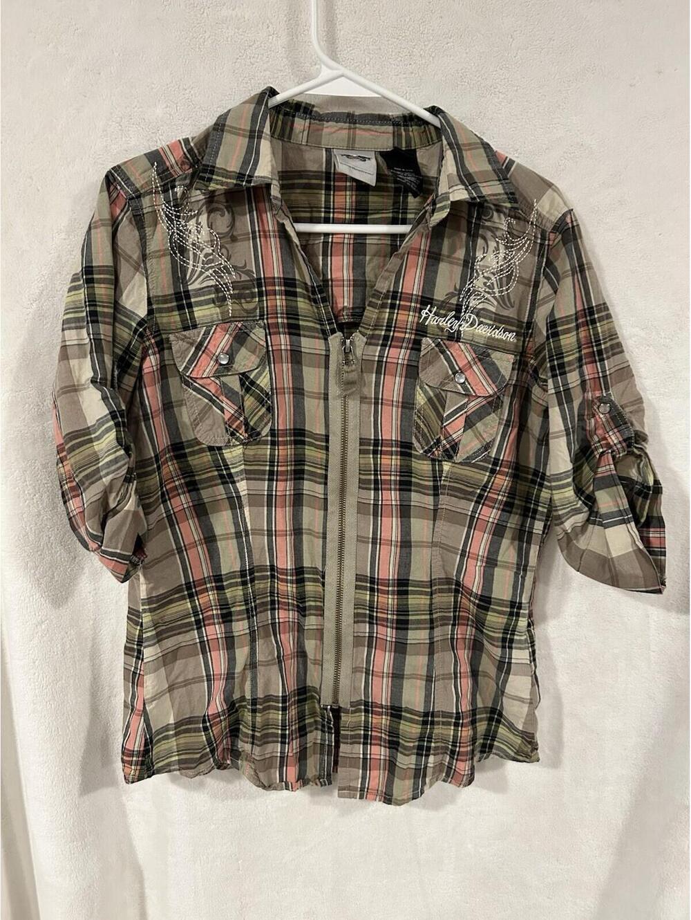 Harley Davidson Women’s Large Motorcycles Full Zip Garage Shirt Plaid VTG